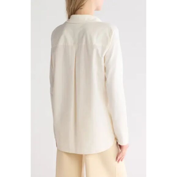 Theory Spread Collar Cotton Blend Popover Top in Cream Size Medium - Picture 2 of 6